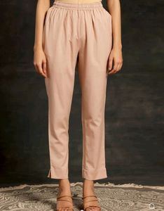 Libas Peach Solid Cotton Straight Fit Trouser