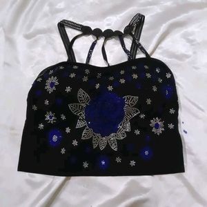Embellished Black Blouse with Blue Accents