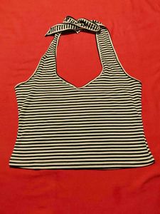 Black &amp; White Striped Halter Crop Top