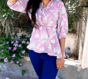 Pink Floral Wrap Style Peplum Top