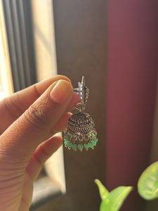 Oxidised green pearl Jhumkas
