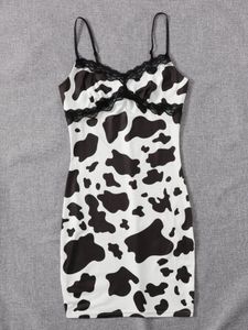 Shein Cow Pattern Lace Trim Cami Bodycon