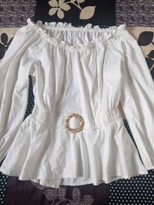 White Off-Shoulder Ruffled Top with Belt
