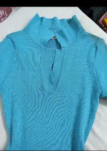 Blue Ribbed Knit Midi Dress