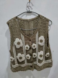 Crocheted Floral V-Neck Vest