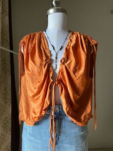 Orange Ruched Tie-Front Top