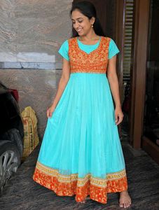 Elegant Turquoise & Orange Anarkali Gown