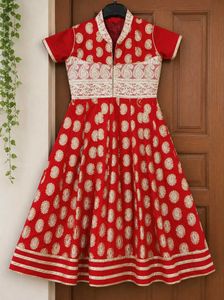 Red anarkali with White Embellishments