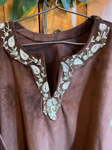 Elegant Brown Velvet Pheran with hand aari
