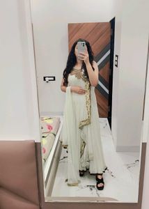 Elegant Cream Anarkali Suit with Golden Embroidery