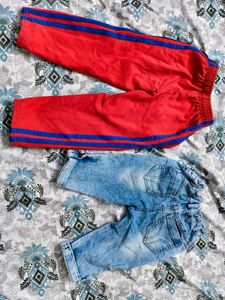 Two pants. Red Jogger Pant and blue jeans Capri fo