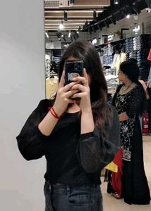 Women's Black Ribbed Puff Sleeve Crop Top