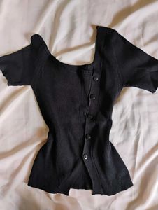 Black Ribbed Assymetrical Button-Front Top