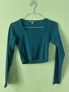 Teal Long Sleeve Square Neck Cropped Top