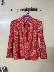 Boho Red Floral Print Tassel Tie Blouse