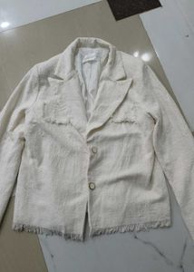 Cream Textured Fringed Blazer,tweed jacket