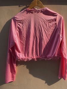 Chic Pink Lace Trim Bolero Jacket
