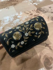 Embroidered Black Clutch with Chain Strap