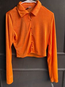 H&amp;M Orange Ruched Button-Up Shirt