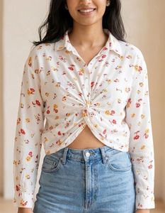 Boho Twist Front Floral Crop Shirt