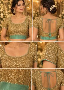 Pastel green lehenga with golden sequin blouse