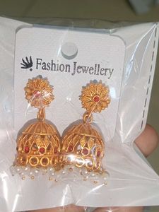 Golden Jhumka Earrings with Pearls