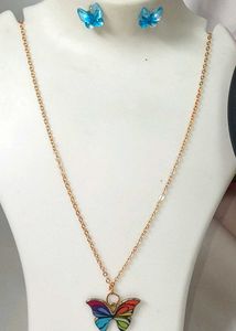 Cute Butterfly Blue Metal Necklace &amp; Earrings Set