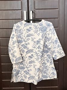 Blue Floral Print Cotton Kurta