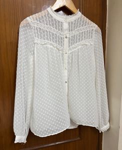 White Sheer Blouse with Lace Detail