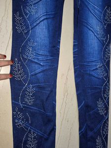 Blue Handwork Rhinestone Denim Leggings
