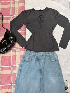 Y2K Long Sleeve Lace-Up Fitted Top