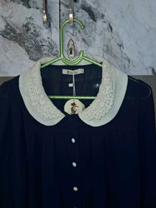 Navy Blue Blouse with Lace Collar
