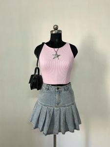 Pink Ribbed Halter Neck Crop Top