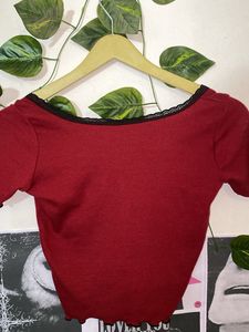 Maroon Ribbed Crop Top with Black Lace Trim