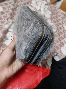 Gray Faux Fur Cosmetic Pouch