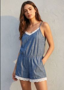 Denim Lace Trim Jumpsuit