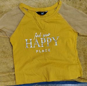 Mustard Graphic Tee with Sheer Mesh Sleeves