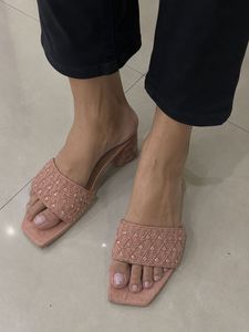 Embroidered Block Heel Slides