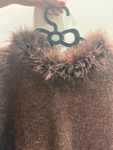 Brown Knit Top Fur Trim