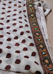 Elegant White Saree with Brown Motifs