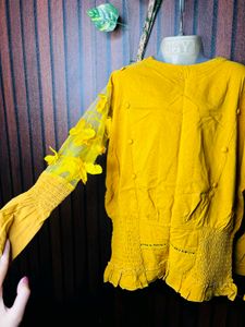 Yellow Kurti with Floral Sleeves
