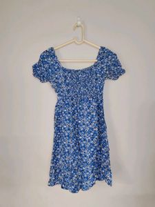 Blue Floral Print Puff Sleeve Mini Dress