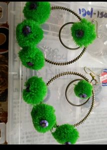 Green Pom-Pom Hoop Earrings