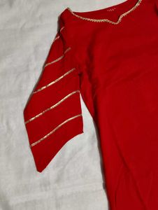 Red Kurta with Golden Stripes and Kuchi Pa