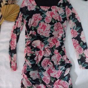 Floral Print Ruched Mesh Maxi Dress
