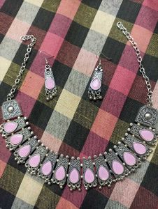 Oxidized Silver Pink Stone Necklace Set