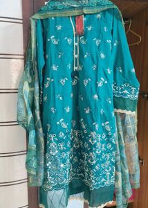 Binshan Teal Embroidered Kurta Set