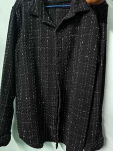 Men's Black Textured Grid Long Sleeve Shirt