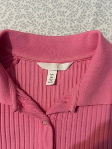 Pink Ribbed Collared Button-Up Top