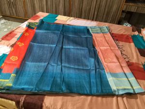 tomato red+ rama colour cotton blend sari with blo